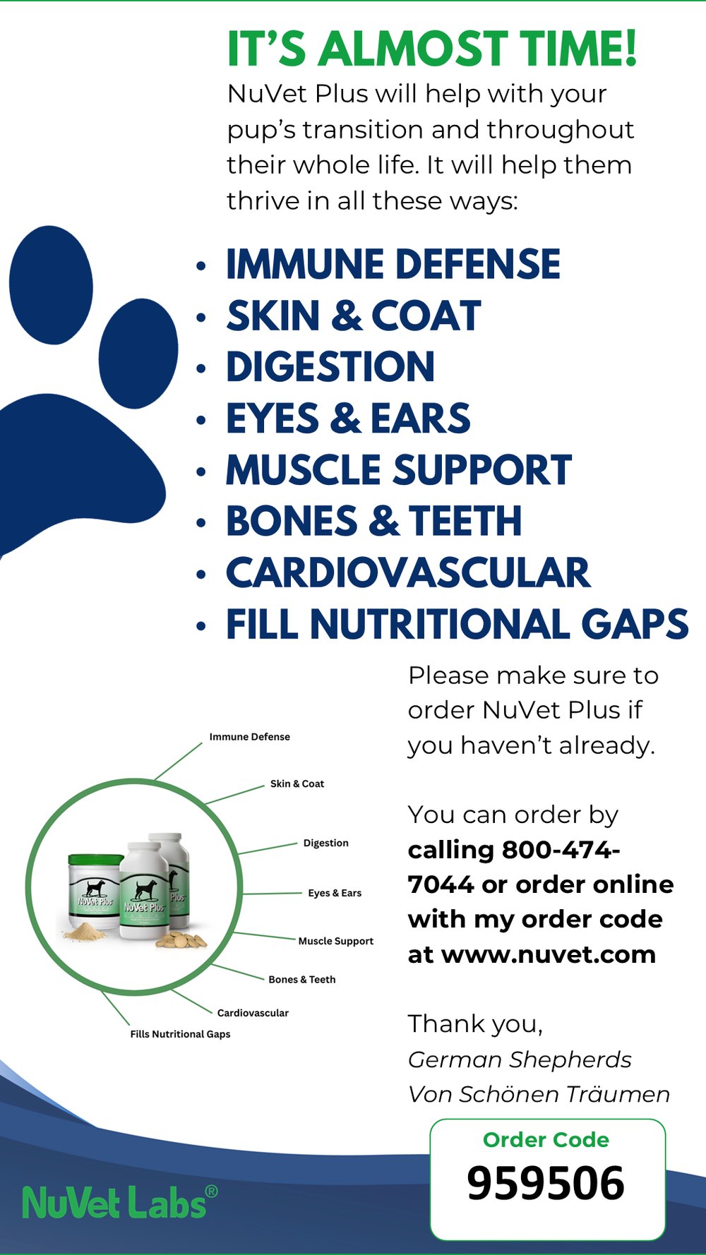 NuVet Plus supplement information for VST German Shepherd puppies